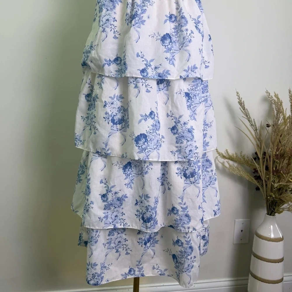 Crystal Doll Blue White Floral Tie-Strap Tiered Midi Dress - Size Medium - Picture 3 of 8
